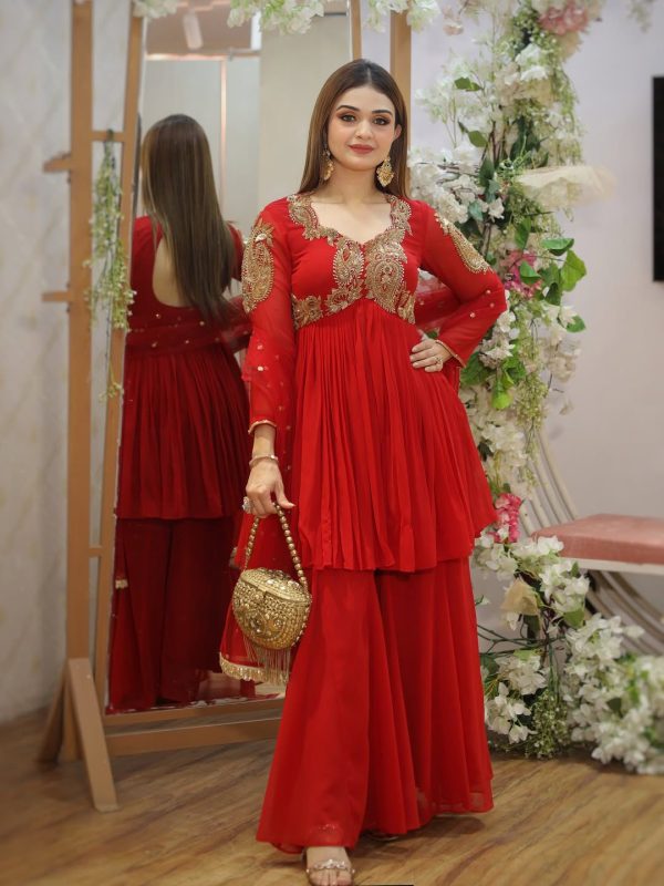 Red Georgette Sequence Lace Work Salwar Suit