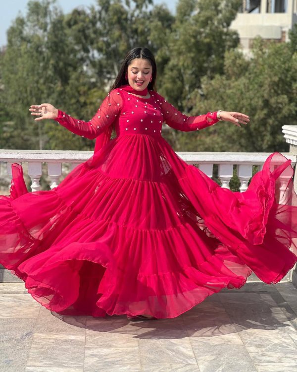Red Georgette With Bead Work Gown