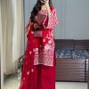 Red Roman Silk Embroidery Work Salwar Suit