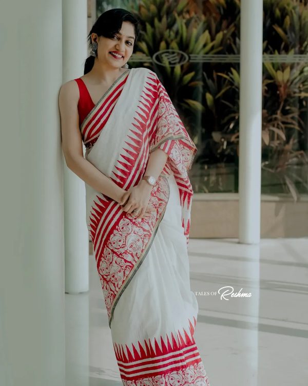 Red Soft Cotton Lace Work Digital Print Saree