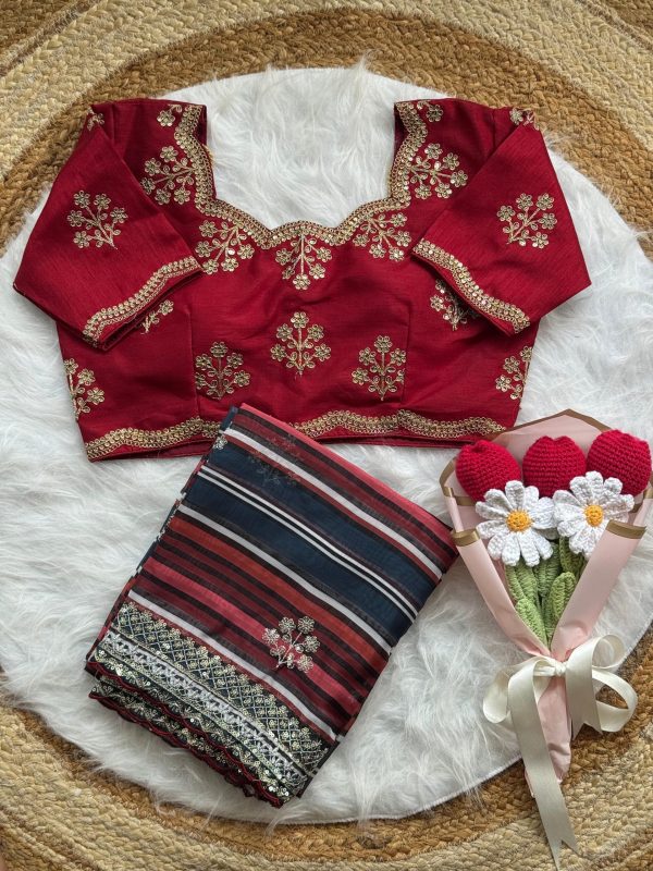 Red Soft Organza Embroidery Work Lace Saree