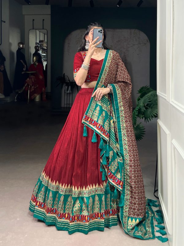 Red Tasar Silk Gamthi Work Lehenga Choli