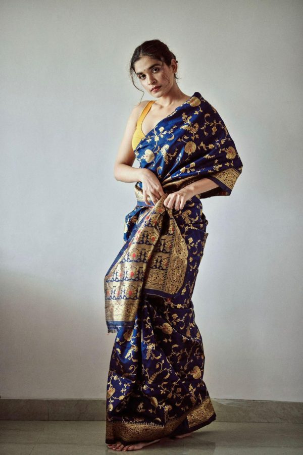 Royal Blue Banarsari Silk With Lace Border Saree