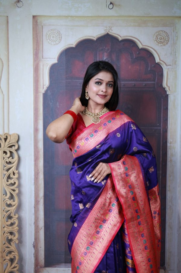 Royal Blue Paithani Ajanta Lotus With Lace Work Saree