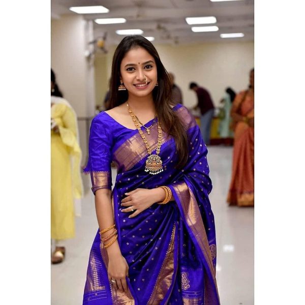 Royal Blue Soft Lichi Silk With Lace Work Saree