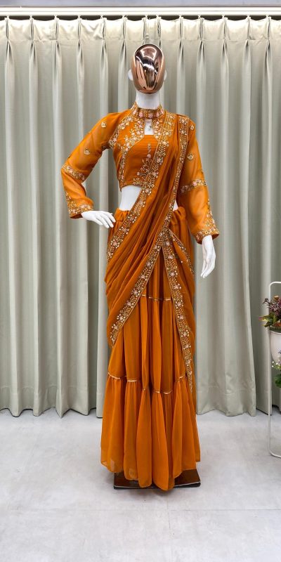 BE 280 Rust Georgette Lehenga Saree Perfect for Wedding, Party, Cultural Events, Housewarming, Ganesh Chaturthi . Affordable Price ₹2399. Delivery 4- | Lehenga, Bollywood Lehenga, Creative Lehenga, Designer Lehenga, Embroidered Lehenga, Party Wear Lehenga