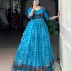 Sky Blue Polyester Viscose Chanderi Gown