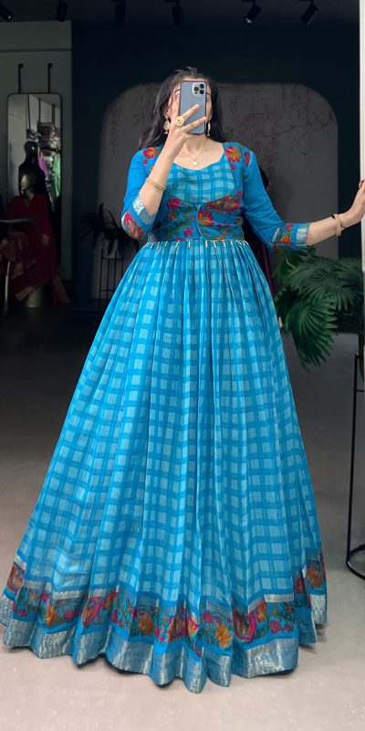 Sky Blue Polyester Viscose Chanderi Gown