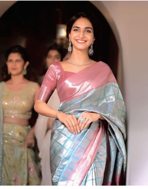 Sky Blue Soft Lichi Silk All Over Saree