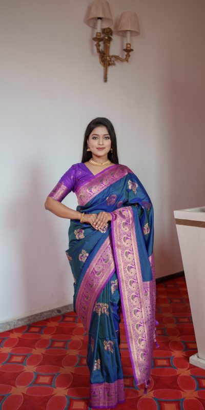 Teal Pethani Silk Zari Lace Work Saree