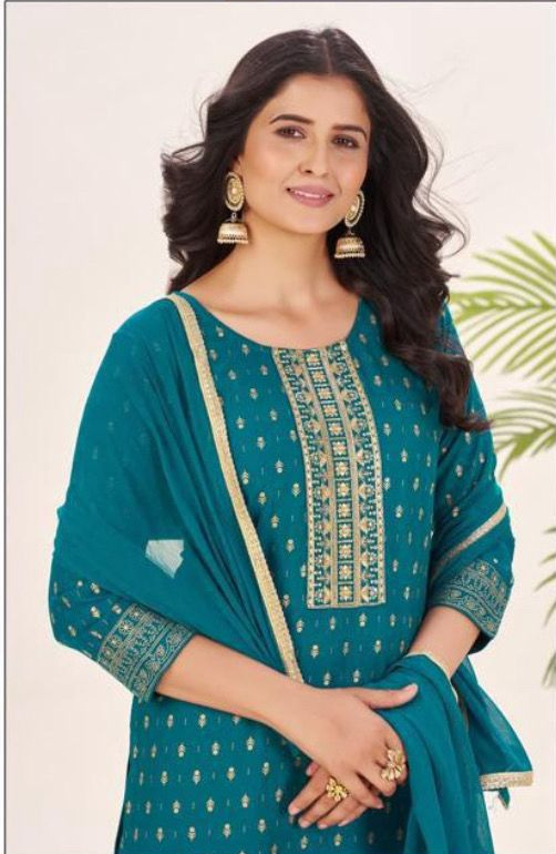 Teal Rayon Lace Embroidery Work Salwar Suit - Image 2