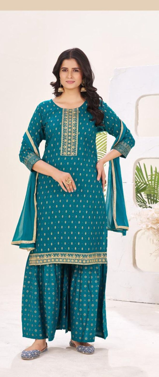 Teal Rayon Lace Embroidery Work Salwar Suit