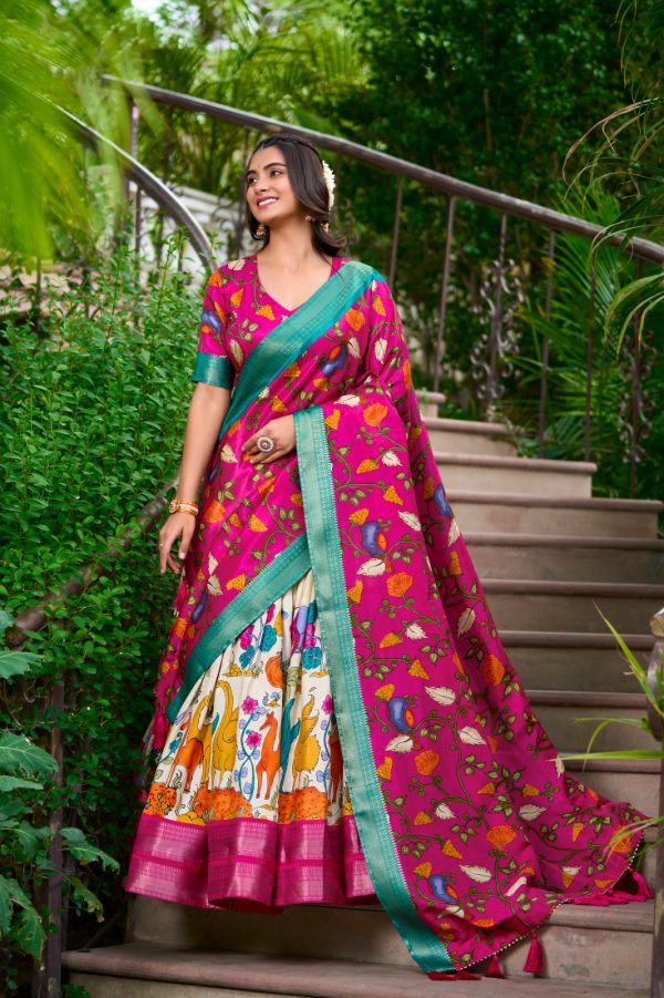 LNB 1222 White Dola Silk With Kalamkari Print & Zari Work Lehenga Choli . Grab it for ₹1899. Delivery 4-6 Working Days. Shop now. | Lehenga, Bollywood Lehenga, Creative Lehenga, Designer Lehenga, Embroidered Lehenga, Party Wear Lehenga