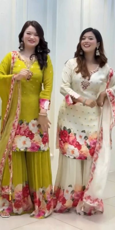 SRK 5301 White Heavy Faux Georgette With 5mm Embroidery Sequence Work With Digital print Full Sleeve Salwar Suit Wedding, Party, 4-6 Working Days At 1999 | Jump Suits, Salwar suit, Designer Suits, Casual Suits, Creative suits, Palazzo Suits, Party Wear Suits, Patiala Suits, Straight Suits