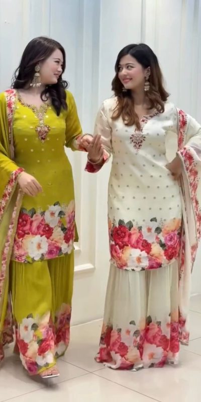 SRK 5301 White Heavy Faux Georgette With 5mm Embroidery Sequence Work With Digital print Full Sleeve Salwar Suit Wedding, Party, 4-6 Working Days At 1999 | Jump Suits, Salwar suit, Designer Suits, Casual Suits, Creative suits, Palazzo Suits, Party Wear Suits, Patiala Suits, Straight Suits