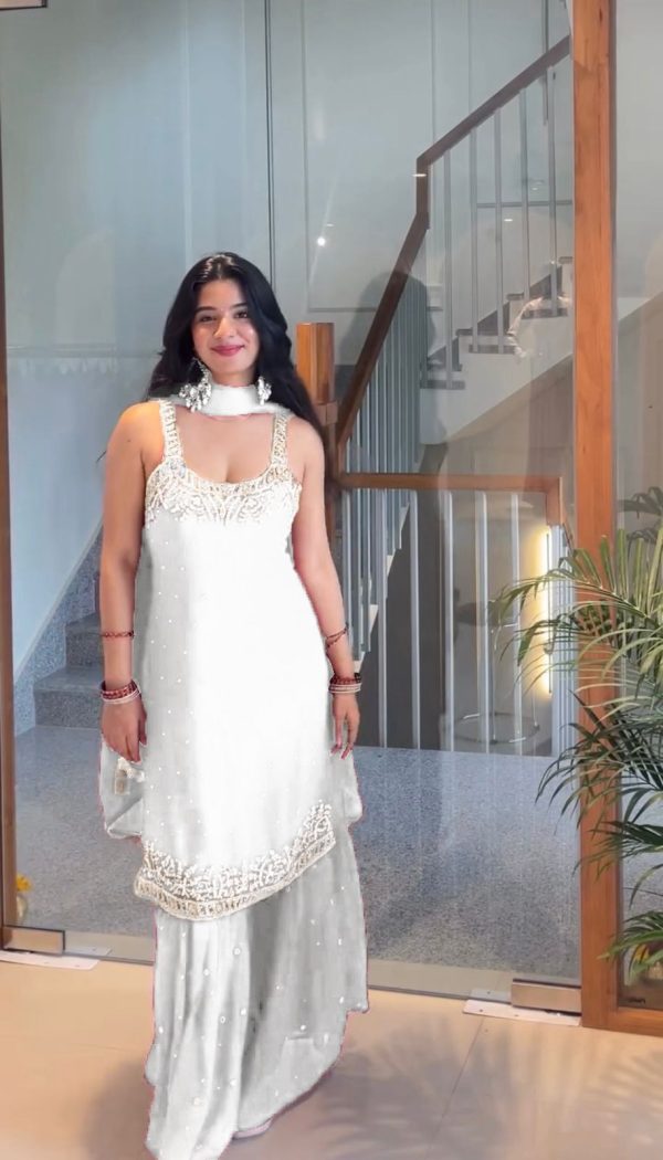 White Faux Georgette With Lace Work Salwar Suit