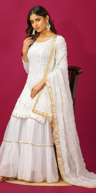 SR 1671 White Georgette Salwar Suit Perfect for Wedding, Party, Cultural Events, Temple Visit, Lohri Now at just ₹1799. Delivery 4-6 Working Days. | Jump Suits, Tops & Bottoms, Track Suits, Trendy Wear, Salwar suit, Designer Suits, Casual Suits, Creative suits, Palazzo Suits, Party Wear Suits, Patiala Suits, Straight Suits