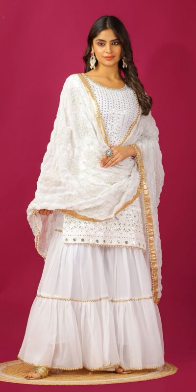 SR 1671 White Georgette Salwar Suit Perfect for Wedding, Party, Cultural Events, Temple Visit, Lohri Now at just ₹1799. Delivery 4-6 Working Days. | Jump Suits, Tops & Bottoms, Track Suits, Trendy Wear, Salwar suit, Designer Suits, Casual Suits, Creative suits, Palazzo Suits, Party Wear Suits, Patiala Suits, Straight Suits