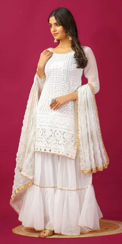 SR 1671 White Georgette Salwar Suit Perfect for Wedding, Party, Cultural Events, Temple Visit, Lohri Now at just ₹1799. Delivery 4-6 Working Days. | Jump Suits, Tops & Bottoms, Track Suits, Trendy Wear, Salwar suit, Designer Suits, Casual Suits, Creative suits, Palazzo Suits, Party Wear Suits, Patiala Suits, Straight Suits