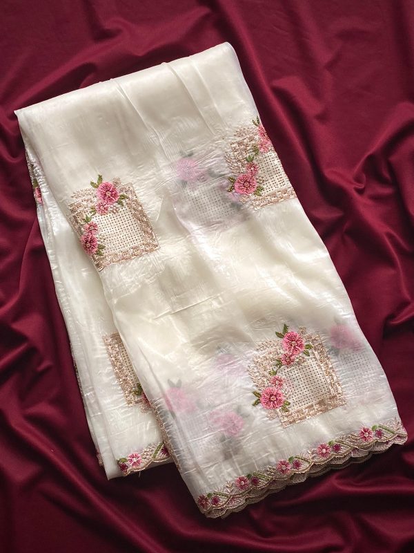 White Paper Silk Crush With Embroider Saree