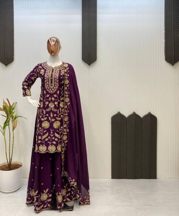 Wine Chinon With Lace Embroidery Work Salwar Suit