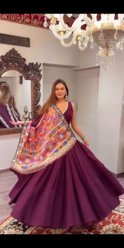 BE 393 Wine Crape Silk Lehenga Choli Perfect for Wedding, Party, Engagement, Anniversary, Traditional Day Get it for ₹1999. Delivery 4-6 Working | Lehenga, Bollywood Lehenga, Creative Lehenga, Designer Lehenga, Embroidered Lehenga, Party Wear Lehenga