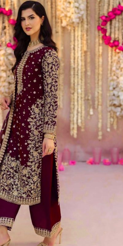 SRK 5238 Wine Faux Georgette With 5mm Embroidery Sequence Work with Beads Work Wedding, Party, Festive, Events, 4-6 Working Days At 2399 | Jump Suits, Salwar suit, Designer Suits, Casual Suits, Creative suits, Palazzo Suits, Party Wear Suits, Patiala Suits, Straight Suits