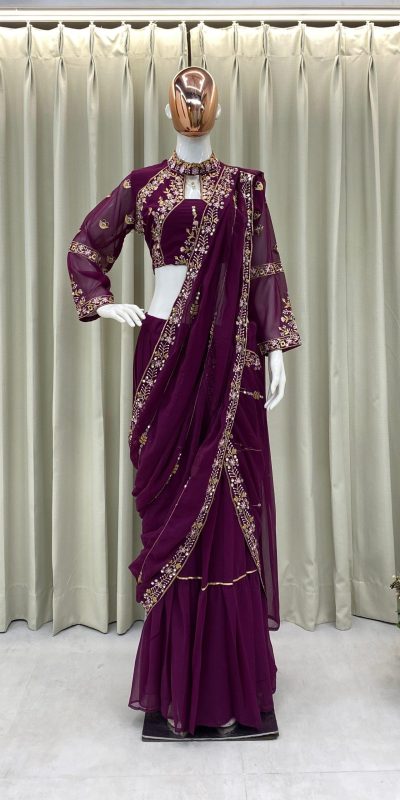 BE 280 Wine Georgette Lehenga Saree Perfect for Wedding, Party, Cultural Events, Housewarming, Ganesh Chaturthi . Affordable Price ₹2399. Delivery 4- | Lehenga, Bollywood Lehenga, Creative Lehenga, Designer Lehenga, Embroidered Lehenga, Party Wear Lehenga