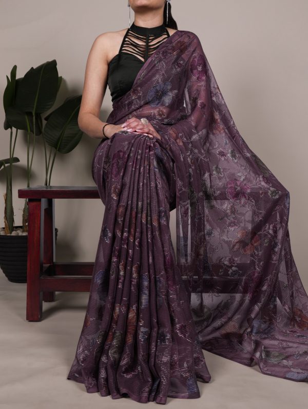 Wine Lurex Brasso Floral Saree