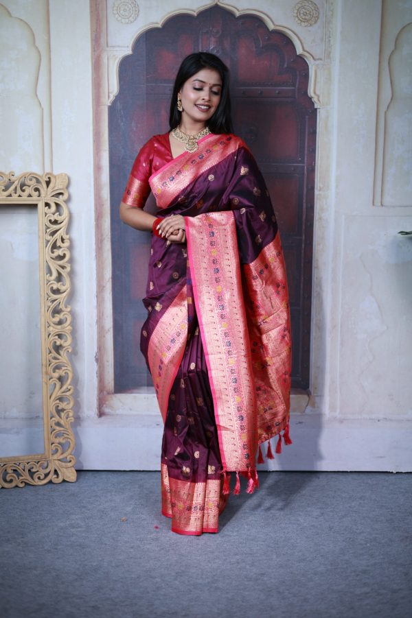 Wine Paithani Ajanta Lotus With Lace Work Saree