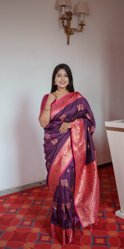 Wine Pethani Silk Zari Lace Work Saree