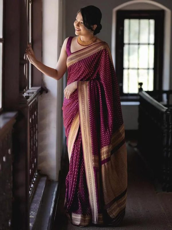 Wine Soft Lichi Silk Jacquard Border Saree