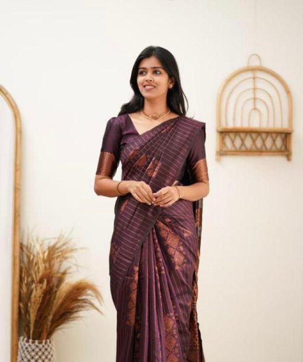 Wine Soft Lichi Silk With Lace Work Saree