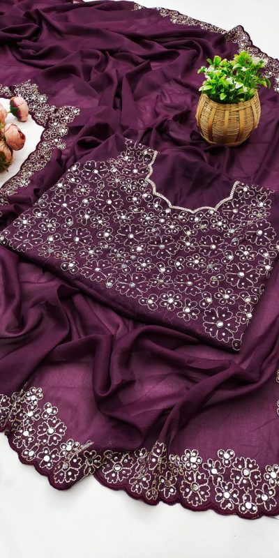 Wine Star Georgette Silk Embroidery Work Saree