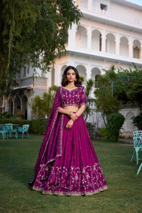 Wine Vichitra Silk Work Embroidery Lehenga Choli