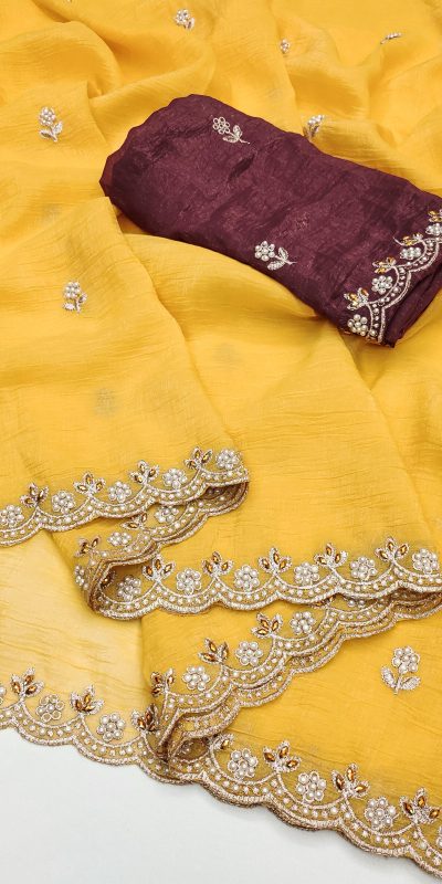BT 1267 Yellow in Crunchy Chiffon Embroidery Work Saree . Wedding, Party, Festive, Events, Exclusive Offer ₹1749. Delivery 4-6 Working Days. Shop now. | Sarees, Bollywood Sarees, Creative Sarees, Designer Sarees, Embroidered Sarees, Ethnic Saree, Modern Digital sarees, Party Wear Sarees