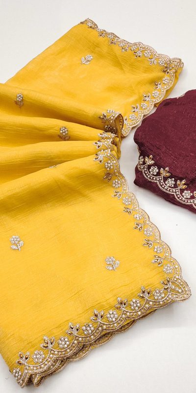 BT 1267 Yellow in Crunchy Chiffon Embroidery Work Saree . Wedding, Party, Festive, Events, Exclusive Offer ₹1749. Delivery 4-6 Working Days. Shop now. | Sarees, Bollywood Sarees, Creative Sarees, Designer Sarees, Embroidered Sarees, Ethnic Saree, Modern Digital sarees, Party Wear Sarees