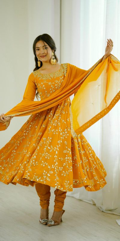 SRK 5299 Yellow Faux Georgette With Sequence Work Perfect for Wedding, Party, Temple Visit, Ganesh Chaturthi Festive, Events, 4-6 Working Days At 2149 | Gowns, Bollywood Gowns, Creative Gowns, Designer Gowns, Embroidered Gowns, Party Wear Gowns