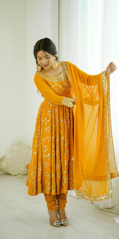 SRK 5299 Yellow Faux Georgette With Sequence Work Perfect for Wedding, Party, Temple Visit, Ganesh Chaturthi Festive, Events, 4-6 Working Days At 2149 | Gowns, Bollywood Gowns, Creative Gowns, Designer Gowns, Embroidered Gowns, Party Wear Gowns