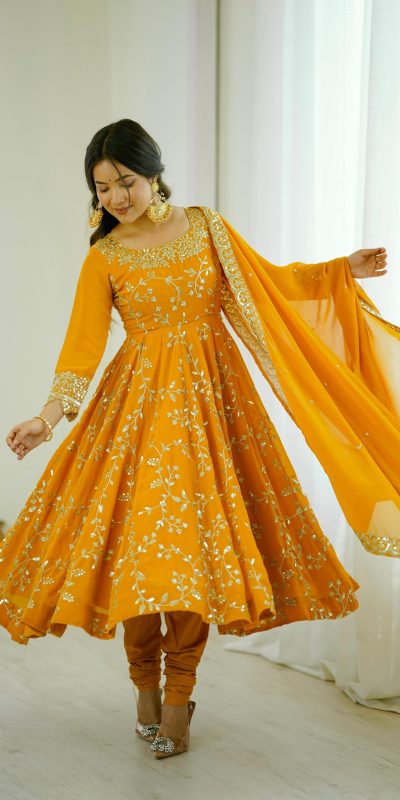 SRK 5299 Yellow Faux Georgette With Sequence Work Perfect for Wedding, Party, Temple Visit, Ganesh Chaturthi Festive, Events, 4-6 Working Days At 2149 | Gowns, Bollywood Gowns, Creative Gowns, Designer Gowns, Embroidered Gowns, Party Wear Gowns