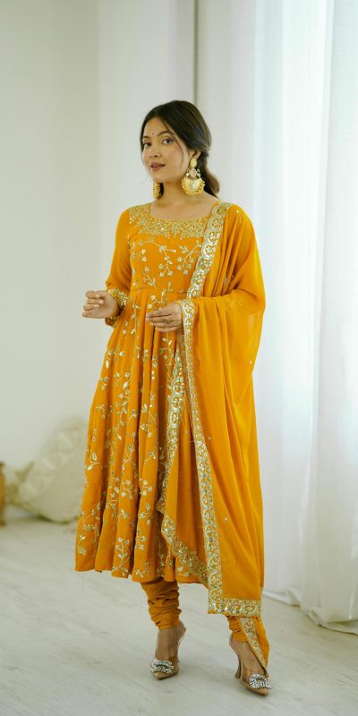 SRK 5299 Yellow Faux Georgette With Sequence Work Perfect for Wedding, Party, Temple Visit, Ganesh Chaturthi Festive, Events, 4-6 Working Days At 2149 | Gowns, Bollywood Gowns, Creative Gowns, Designer Gowns, Embroidered Gowns, Party Wear Gowns