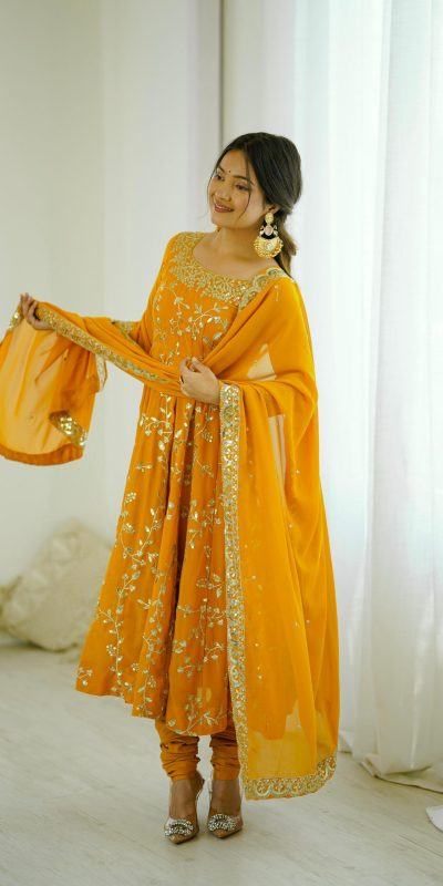SRK 5299 Yellow Faux Georgette With Sequence Work Perfect for Wedding, Party, Temple Visit, Ganesh Chaturthi Festive, Events, 4-6 Working Days At 2149 | Gowns, Bollywood Gowns, Creative Gowns, Designer Gowns, Embroidered Gowns, Party Wear Gowns