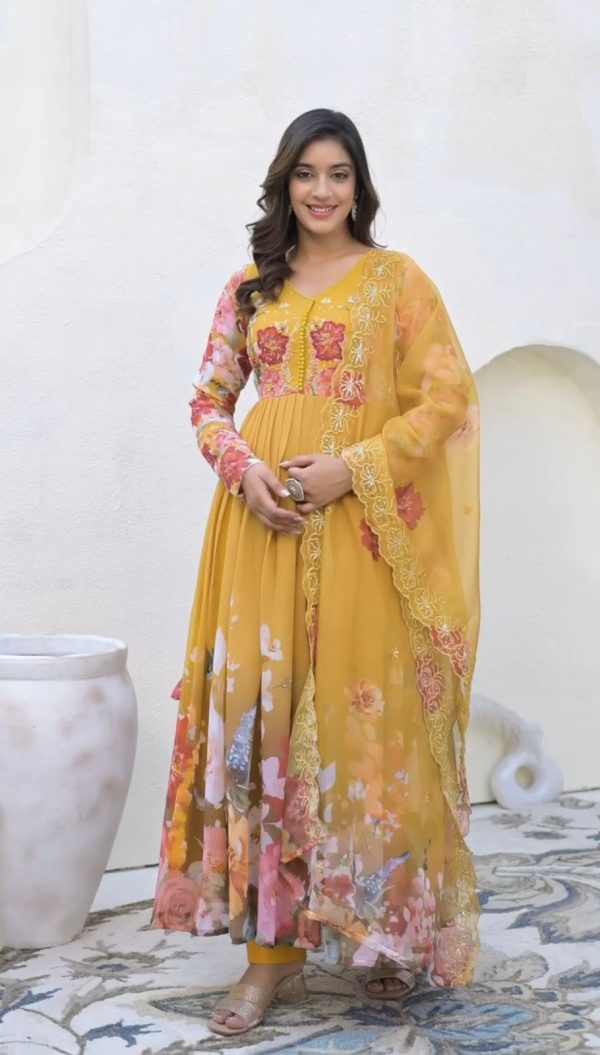 Yellow Fix Georgette With Embroidery Gown