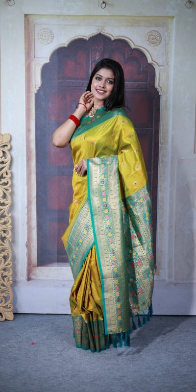 Yellow Paithani Ajanta Lotus With Lace Work Saree