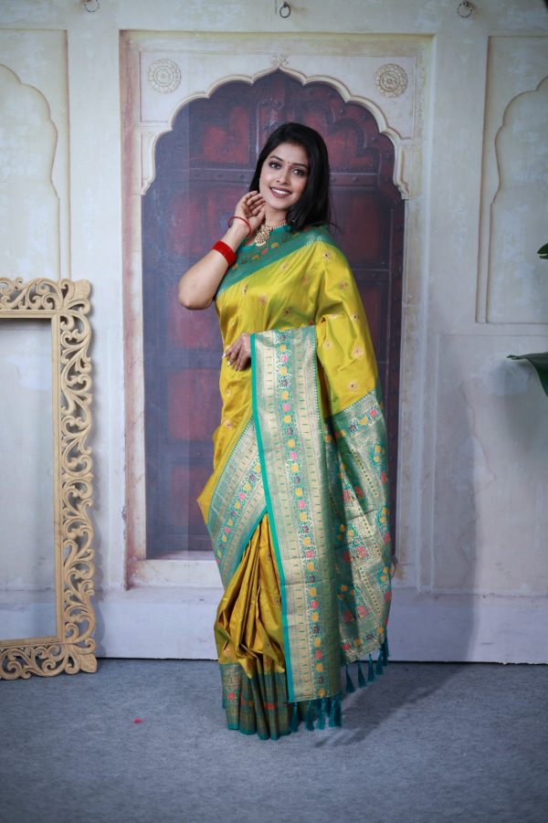 Yellow Paithani Ajanta Lotus With Lace Work Saree