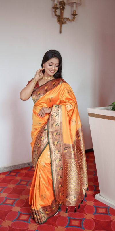 Yellow Pethani Silk Zari Lace Work Saree