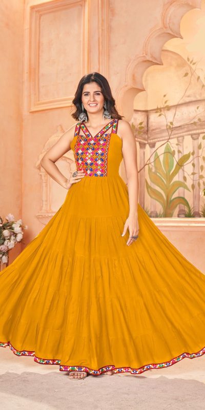 Yellow Rayon Lace Work Gamthi Work Gown