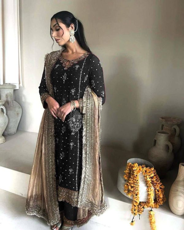 Black Faux Georgette Sequence Moti Work Salwar Suit