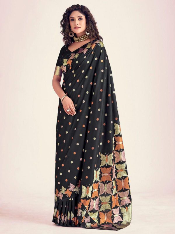 Black Soft Lichi Silk Border Lace Work Saree