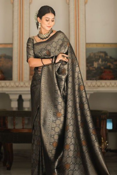 Black Soft Lichi With Jacquard Work Silk Saree